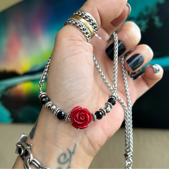 Handmade stainless steel red rose flower wheat chain link choker necklace - Picture 6 of 9